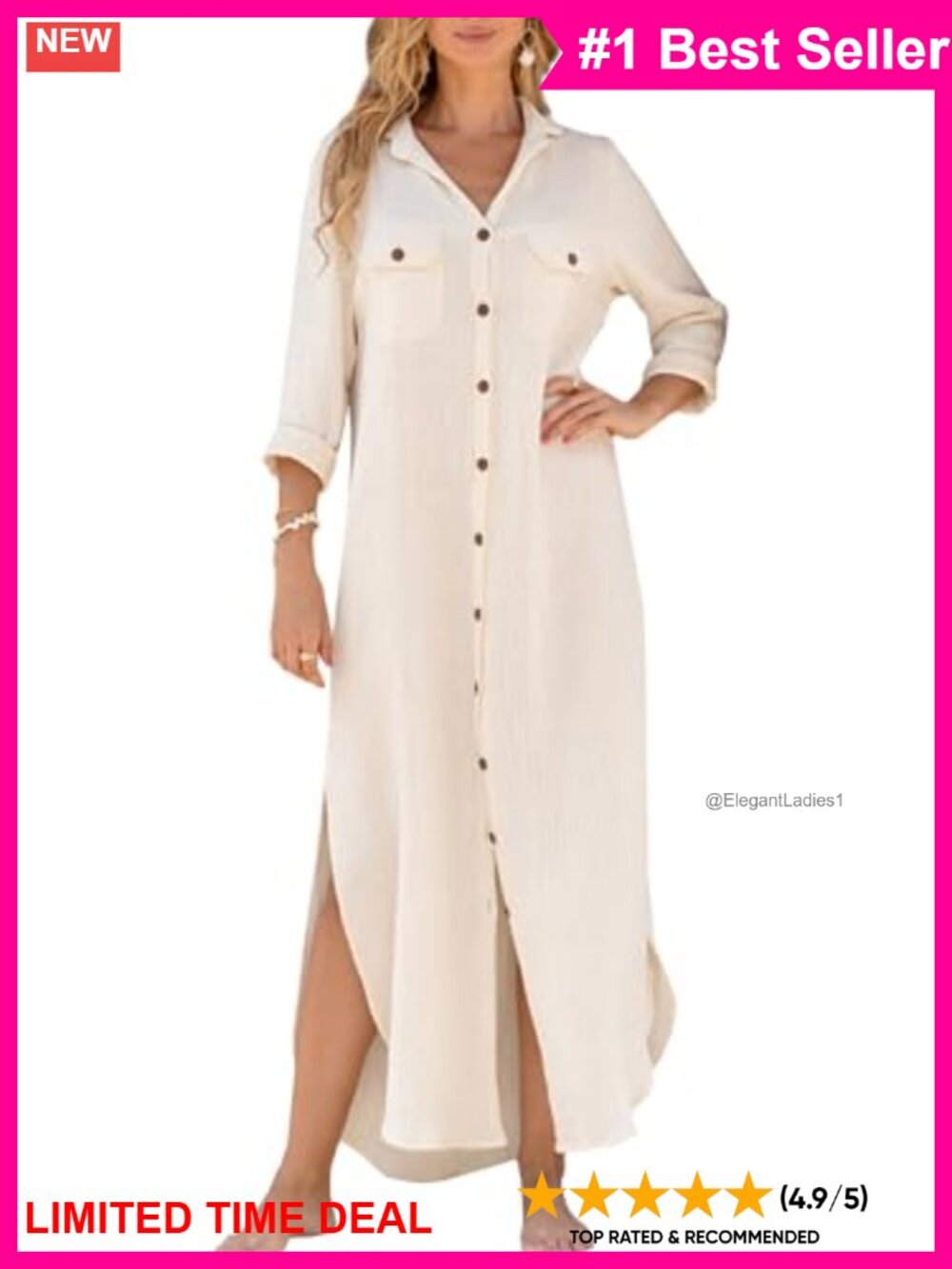 Cotton Button Down Long Sleeve Beach Cover Up Maxi Shirt Dress